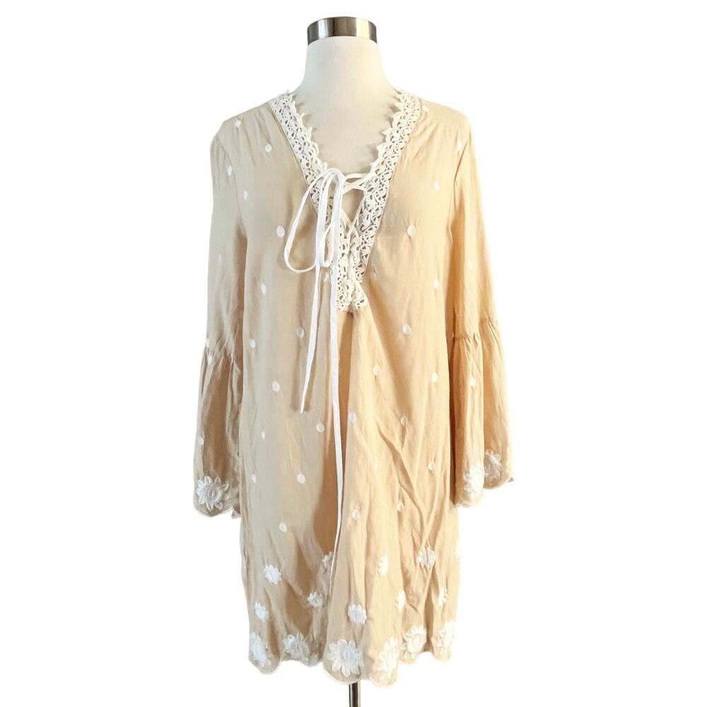 ANTONIO MELANI CoverUp Tunic Tan Embroidery Lace Details Bell Sleeves Neck Tie